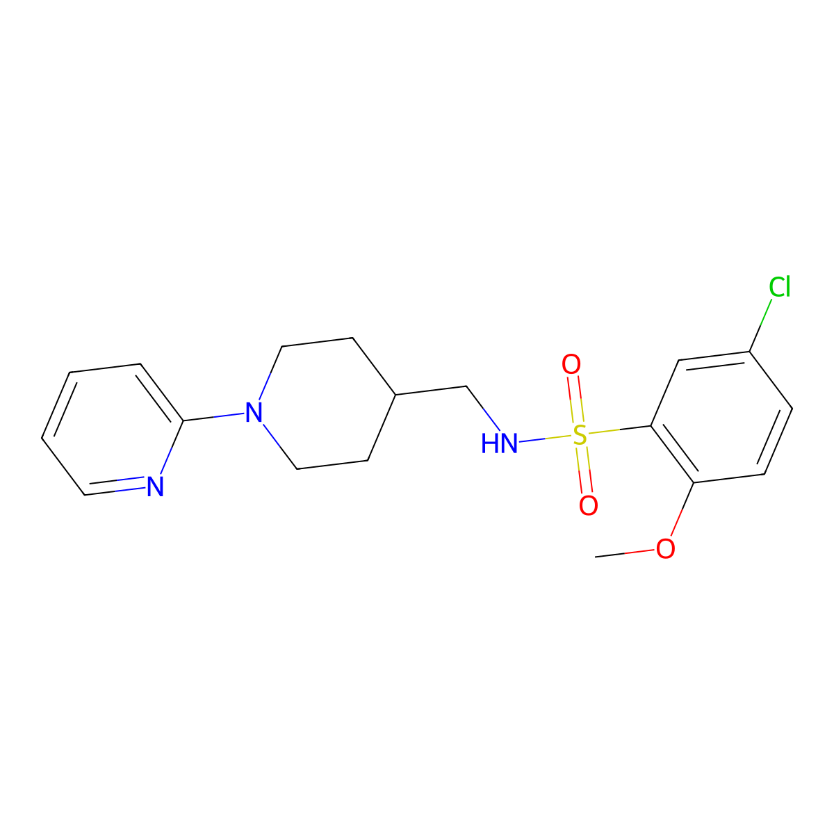 5-chloro-2-methoxy-N-((1-(pyridin-2-yl)piperidin-4-yl)methyl)benzenesulfonamide molecular structure, CAS 1235667-05-6