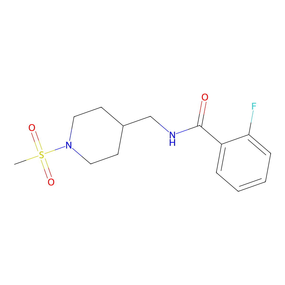 2-fluoro-N-((1-(methylsulfonyl)piperidin-4-yl)methyl)benzamide molecular structure, CAS 1235667-26-1