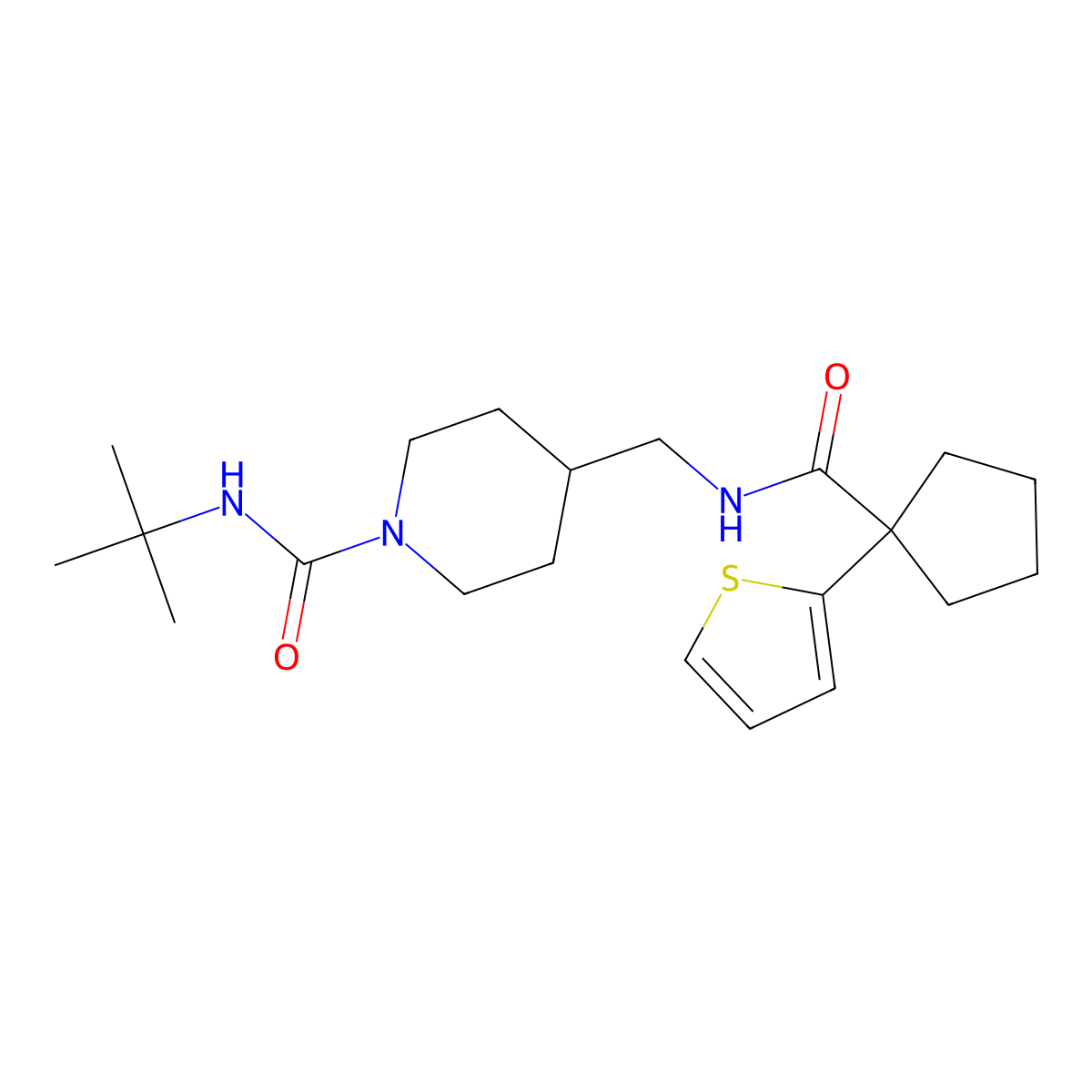 N-(tert-butyl)-4-((1-(thiophen-2-yl)cyclopentanecarboxamido)methyl)piperidine-1-carboxamide molecular structure, CAS 1235667-28-3