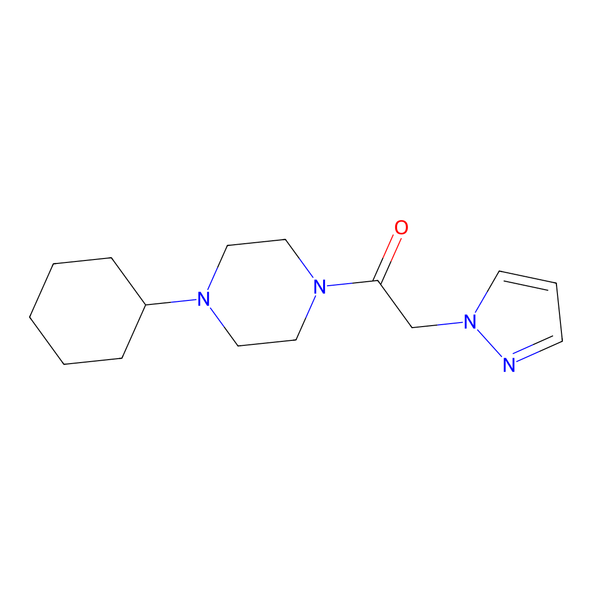 1-(4-cyclohexylpiperazin-1-yl)-2-(1H-pyrazol-1-yl)ethanone molecular structure, CAS 1235667-97-6