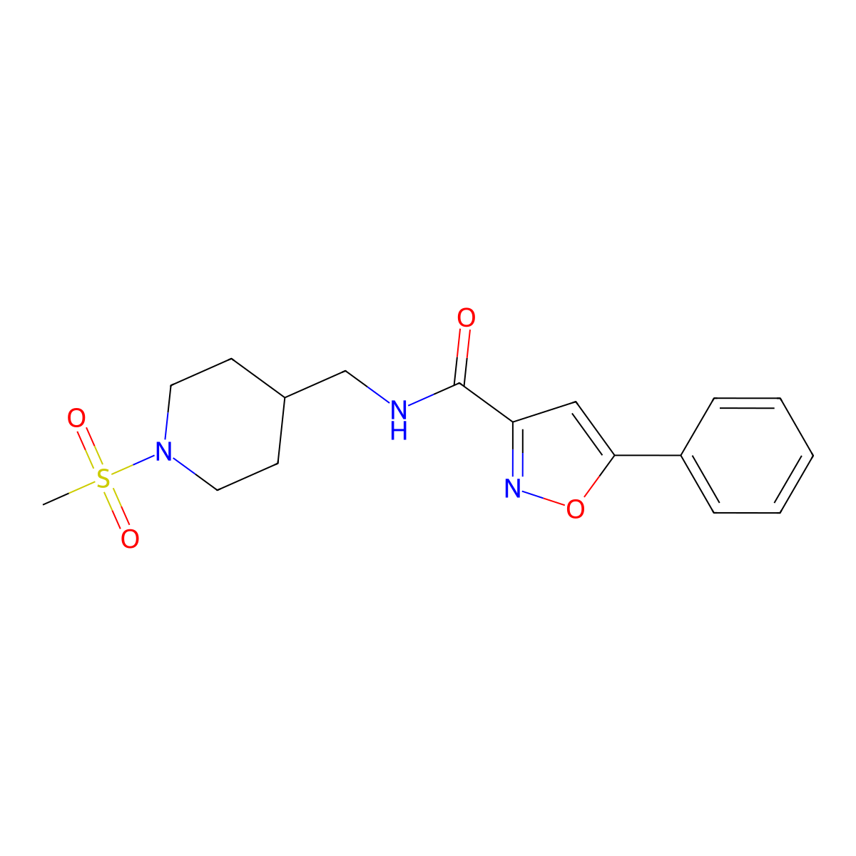N-[(1-methanesulfonylpiperidin-4-yl)methyl]-5-phenyl-1,2-oxazole-3-carboxamide molecular structure, CAS 1235668-80-0