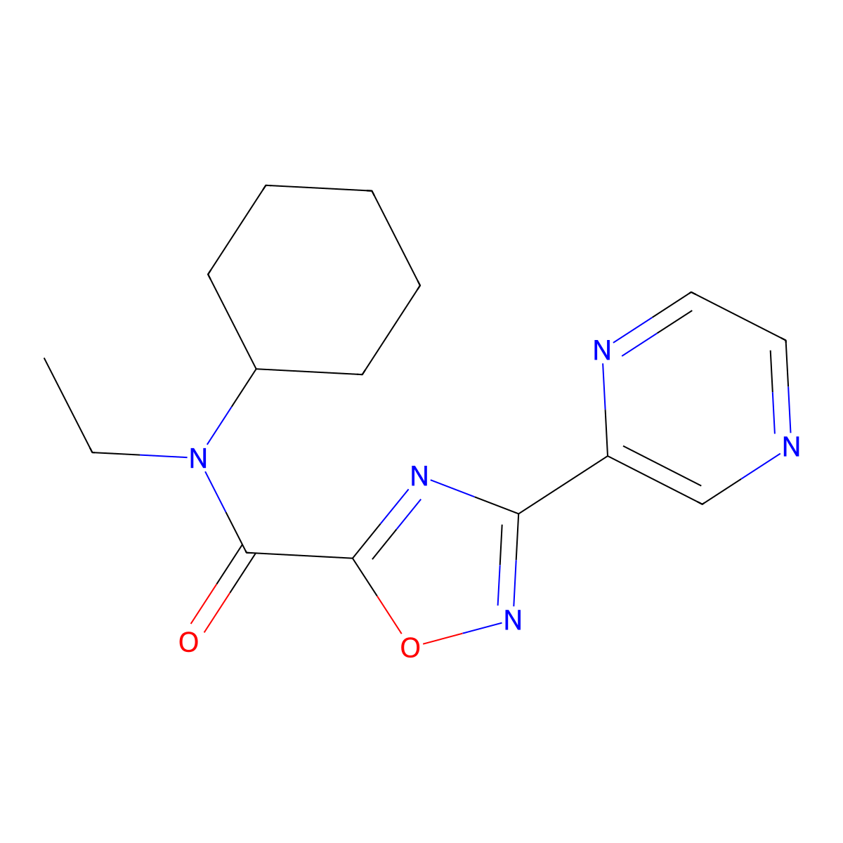 N-cyclohexyl-N-ethyl-3-(pyrazin-2-yl)-1,2,4-oxadiazole-5-carboxamide molecular structure, CAS 1235669-06-3
