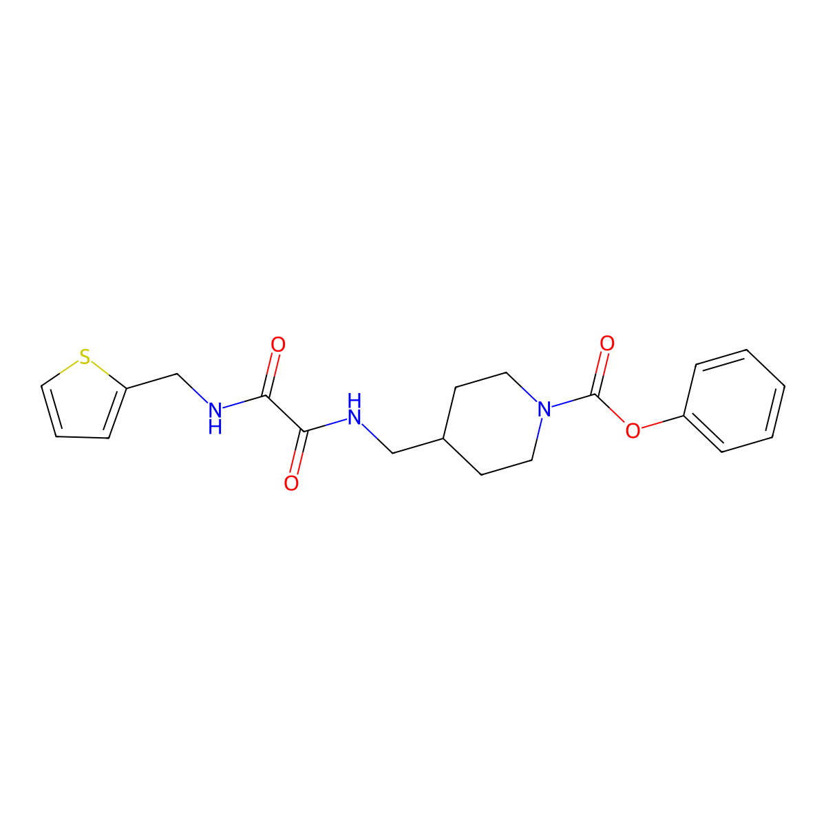 Phenyl 4-[({[(thiophen-2-yl)methyl]carbamoyl}formamido)methyl]piperidine-1-carboxylate molecular structure, CAS 1235669-84-7