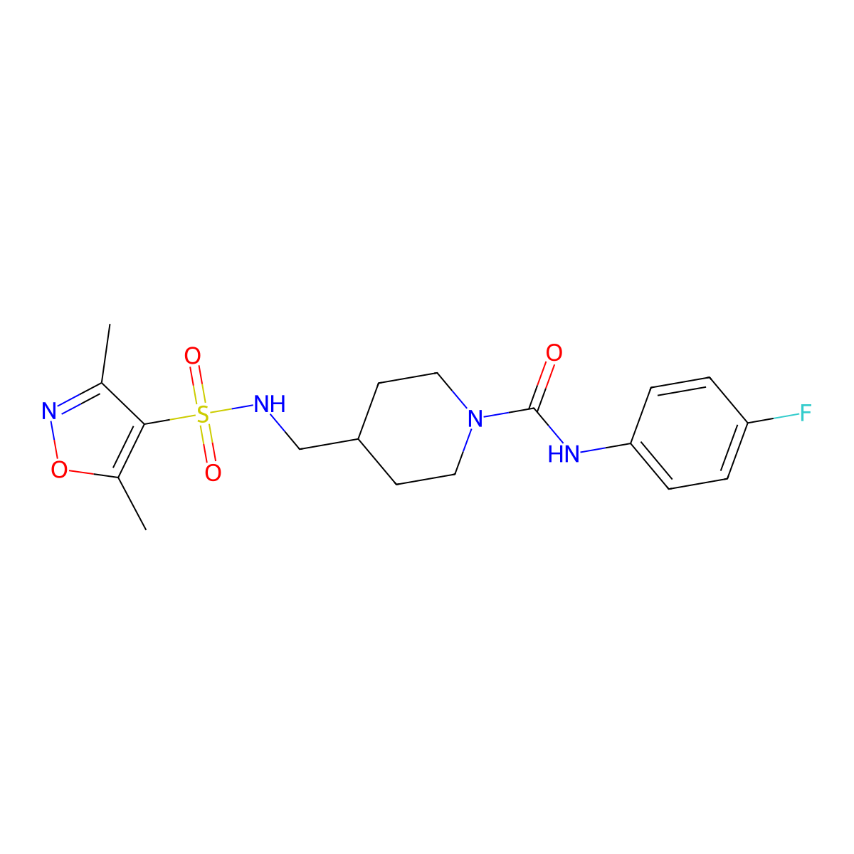 4-((3,5-dimethylisoxazole-4-sulfonamido)methyl)-N-(4-fluorophenyl)piperidine-1-carboxamide molecular structure, CAS 1235671-27-8