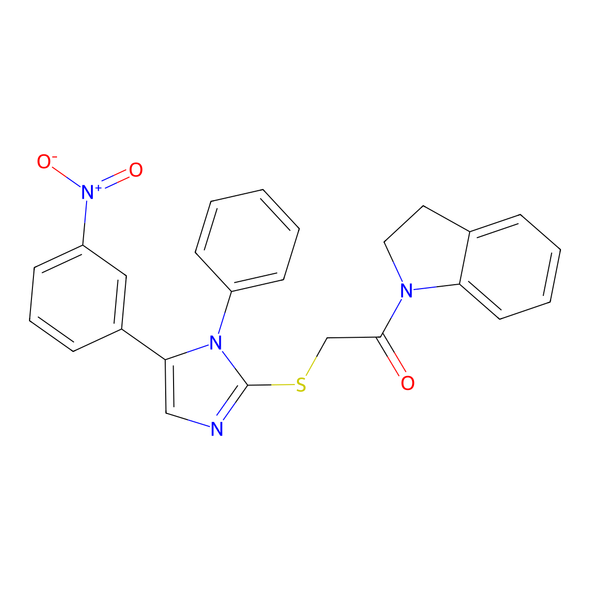 1-(indolin-1-yl)-2-((5-(3-nitrophenyl)-1-phenyl-1H-imidazol-2-yl)thio)ethanone molecular structure, CAS 1235671-47-2