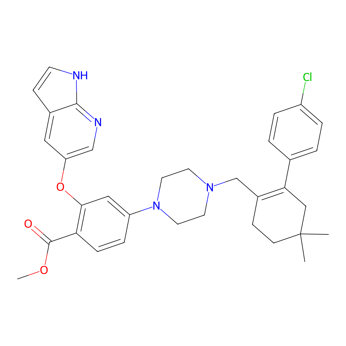 Methyl 4-(4-((2-(4-chlorophenyl)-4,4-dimethyl-1-cyclohexen-1-yl)methyl)-1-piperazinyl)-2-(1H-pyrrolo(2,3-b)pyridin-5-yloxy)benzoate molecular structure, CAS 1235865-76-5