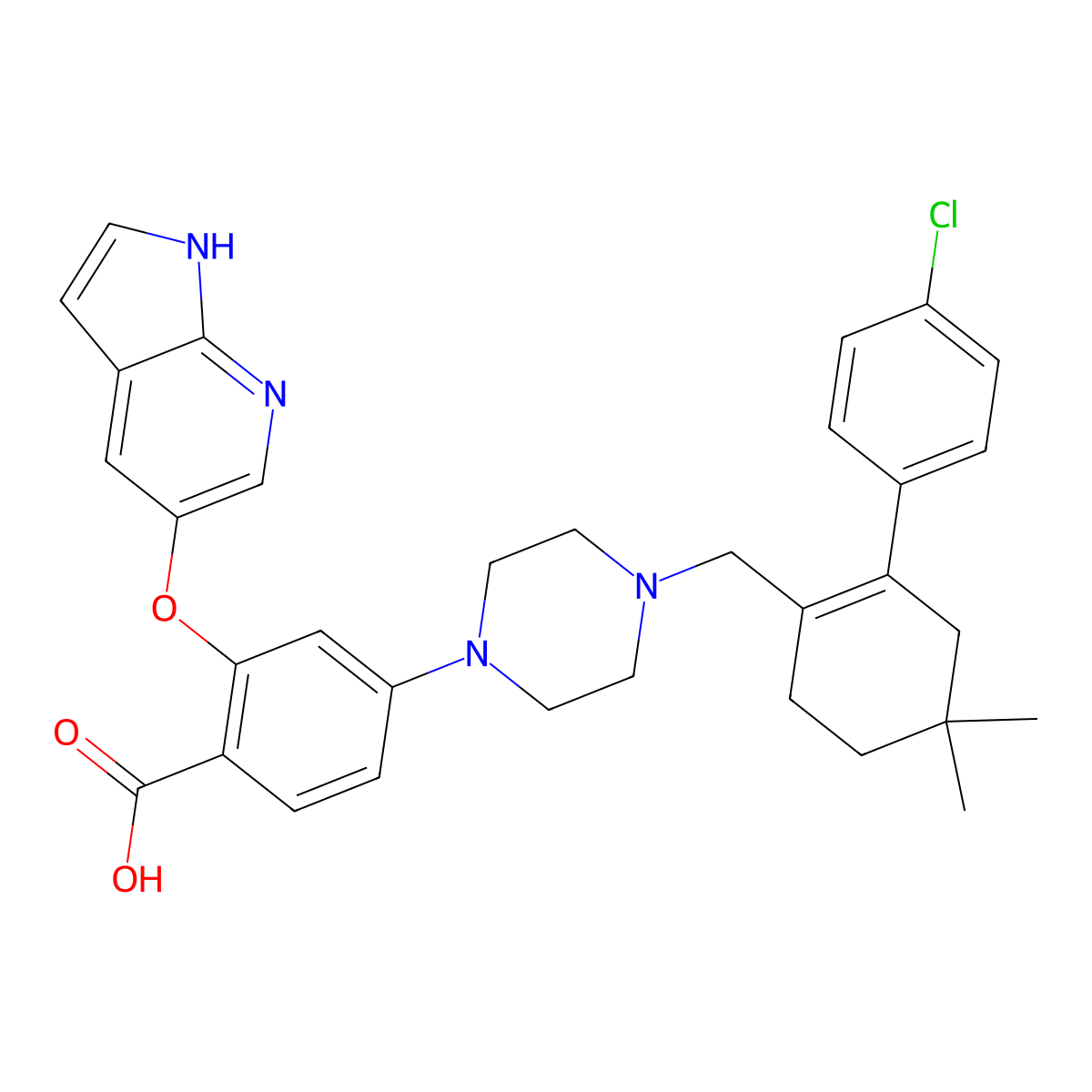 2-((1H-Pyrrolo(2,3-b)pyridin-5-yl)oxy)-4-(4-((4'-chloro-5,5-dimethyl-3,4,5,6-tetrahydro-(1,1'-biphenyl)-2-yl)methyl)piperazin-1-yl)benzoic acid molecular structure, CAS 1235865-77-6