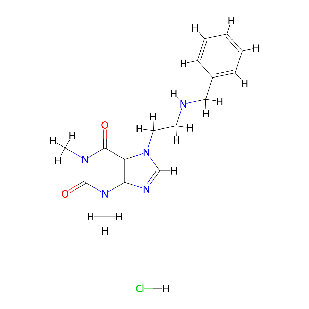 1H-Purine-2,6-dione, 3,7-dihydro-1,3-dimethyl-7-(2-((phenylmethyl)amino)ethyl)-, hydrochloride (1:1) molecular structure, CAS 1236-36-8