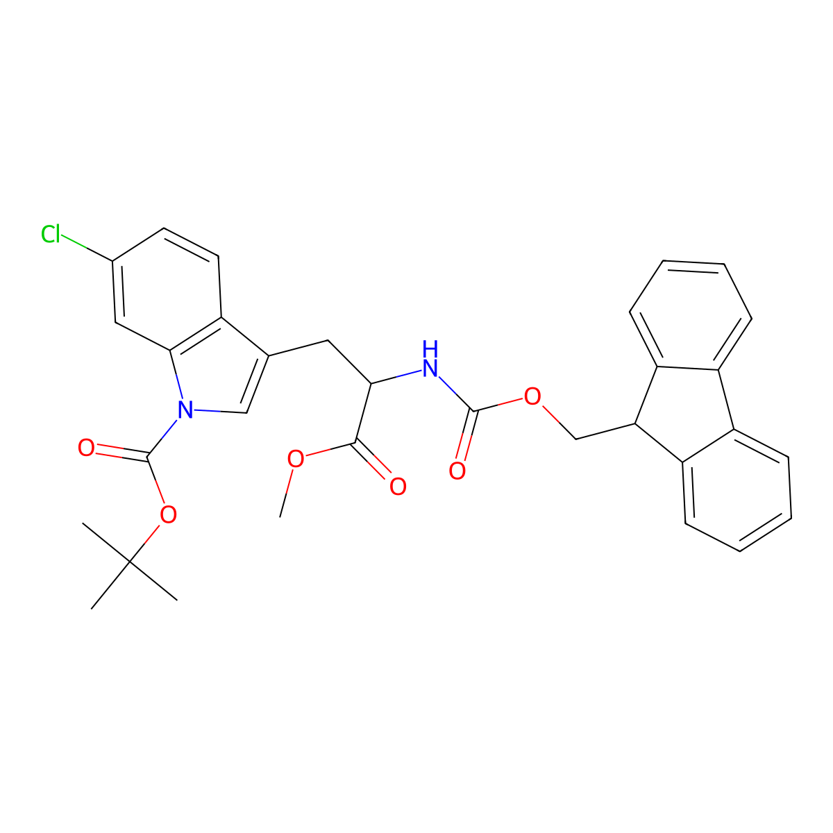 (S)-tert-butyl 3-(2-((((9H-fluoren-9-yl)methoxy)carbonyl)amino)-3-methoxy-3-oxopropyl)-6-chloro-1H-indole-1-carboxylate molecular structure, CAS 1236050-43-3