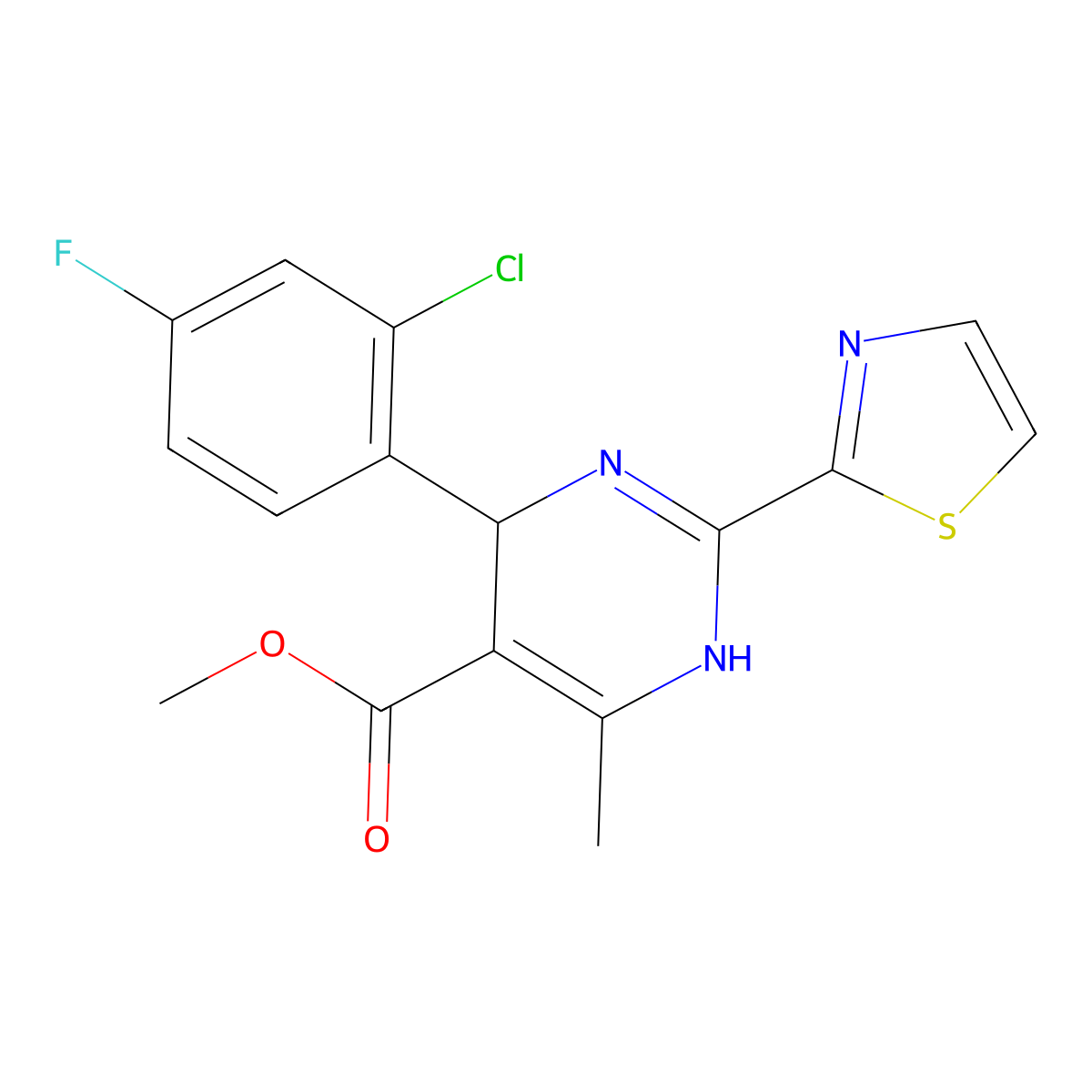 Methyl (S)-4-(2-Chloro-4-fluorophenyl)-6-methyl-2-(2-thiazolyl)-1,4-dihydropyrimidine-5-carboxylate molecular structure, CAS 1236208-59-5