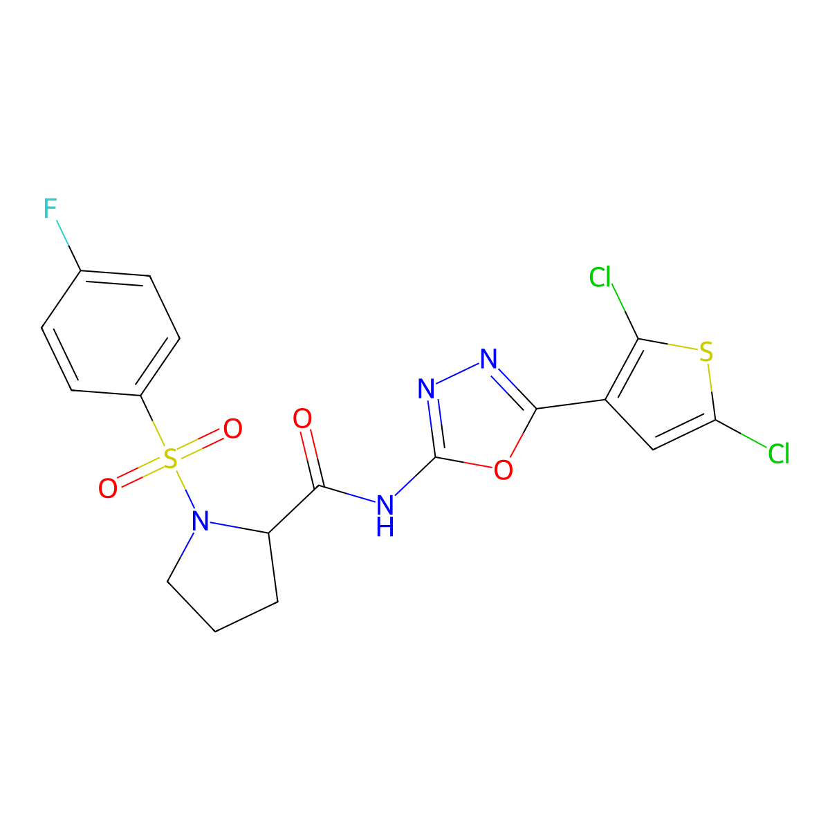 N-(5-(2,5-dichlorothiophen-3-yl)-1,3,4-oxadiazol-2-yl)-1-((4-fluorophenyl)sulfonyl)pyrrolidine-2-carboxamide molecular structure, CAS 1236210-21-1