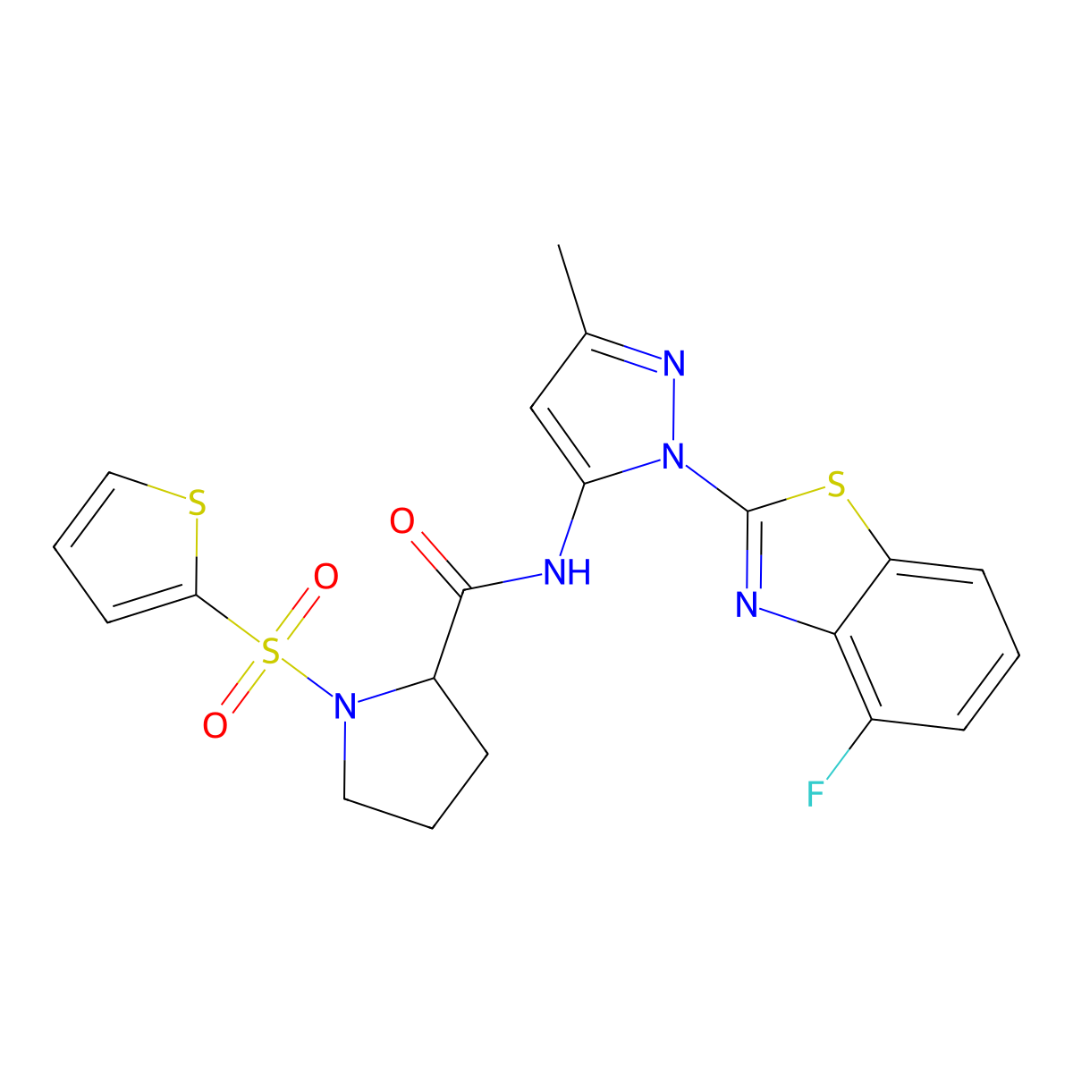 N-(1-(4-fluorobenzo[d]thiazol-2-yl)-3-methyl-1H-pyrazol-5-yl)-1-(thiophen-2-ylsulfonyl)pyrrolidine-2-carboxamide molecular structure, CAS 1236210-36-8