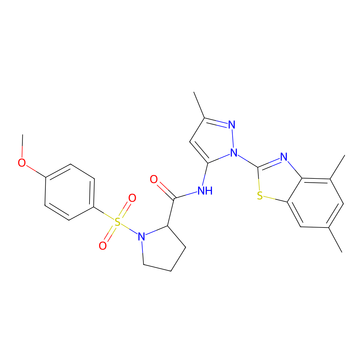N-(1-(4,6-dimethylbenzo[d]thiazol-2-yl)-3-methyl-1H-pyrazol-5-yl)-1-((4-methoxyphenyl)sulfonyl)pyrrolidine-2-carboxamide molecular structure, CAS 1236210-47-1