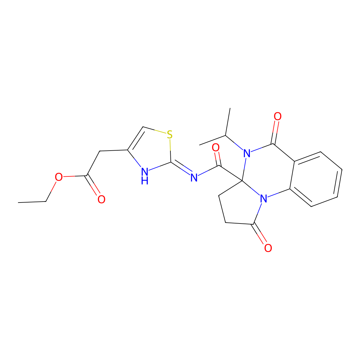 Ethyl 2-(2-(4-isopropyl-1,5-dioxo-1,2,3,3a,4,5-hexahydropyrrolo[1,2-a]quinazoline-3a-carboxamido)thiazol-4-yl)acetate molecular structure, CAS 1236258-40-4