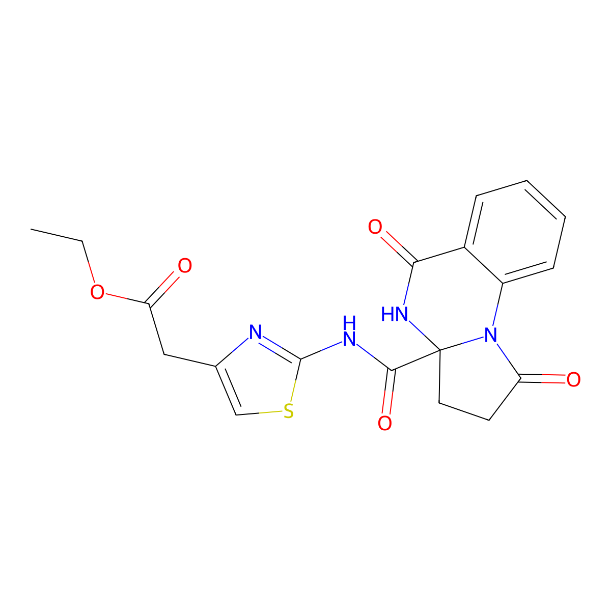 ethyl (2-{[(5-hydroxy-1-oxo-2,3-dihydropyrrolo[1,2-a]quinazolin-3a(1H)-yl)carbonyl]amino}-1,3-thiazol-4-yl)acetate (non-preferred name) molecular structure, CAS 1236258-48-2