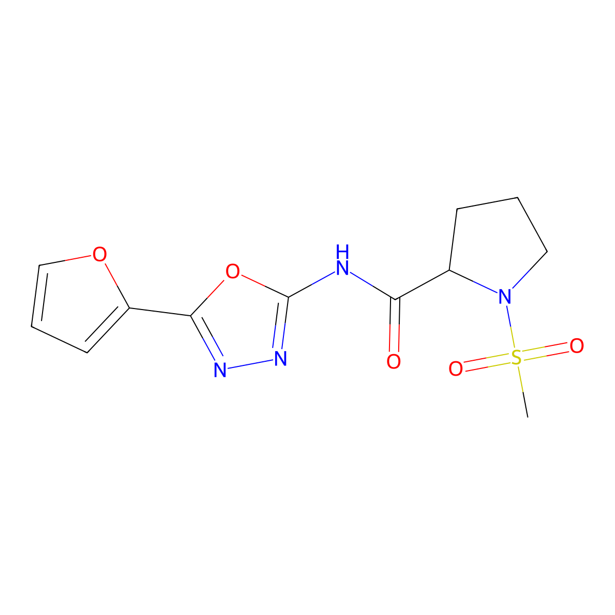 N-(5-(furan-2-yl)-1,3,4-oxadiazol-2-yl)-1-(methylsulfonyl)pyrrolidine-2-carboxamide molecular structure, CAS 1236258-59-5