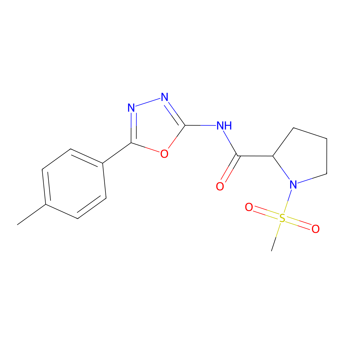 1-(methylsulfonyl)-N-(5-(p-tolyl)-1,3,4-oxadiazol-2-yl)pyrrolidine-2-carboxamide molecular structure, CAS 1236258-72-2