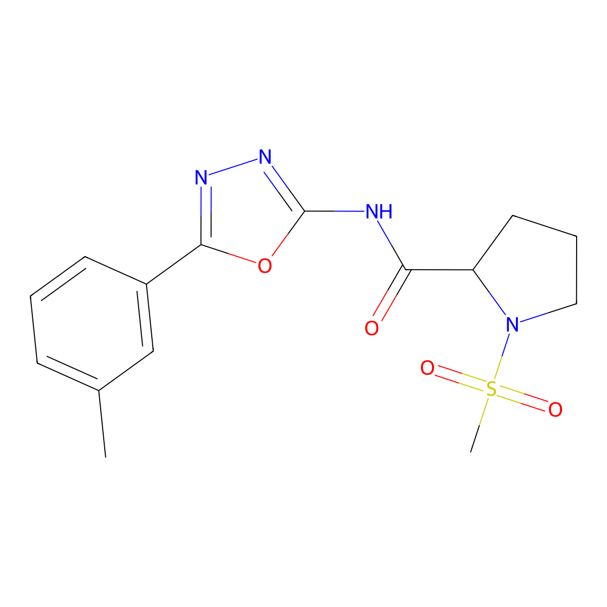 1-(methylsulfonyl)-N-(5-(m-tolyl)-1,3,4-oxadiazol-2-yl)pyrrolidine-2-carboxamide molecular structure, CAS 1236259-55-4