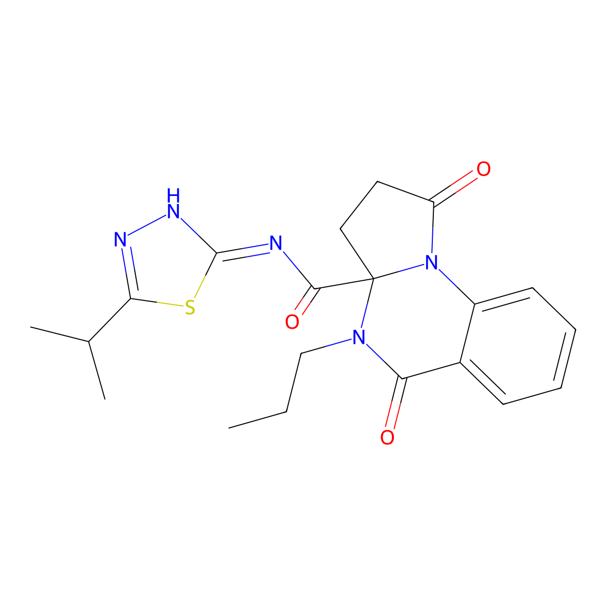 1,5-dioxo-N-[(2Z)-5-(propan-2-yl)-1,3,4-thiadiazol-2(3H)-ylidene]-4-propyl-2,3,4,5-tetrahydropyrrolo[1,2-a]quinazoline-3a(1H)-carboxamide molecular structure, CAS 1236259-87-2