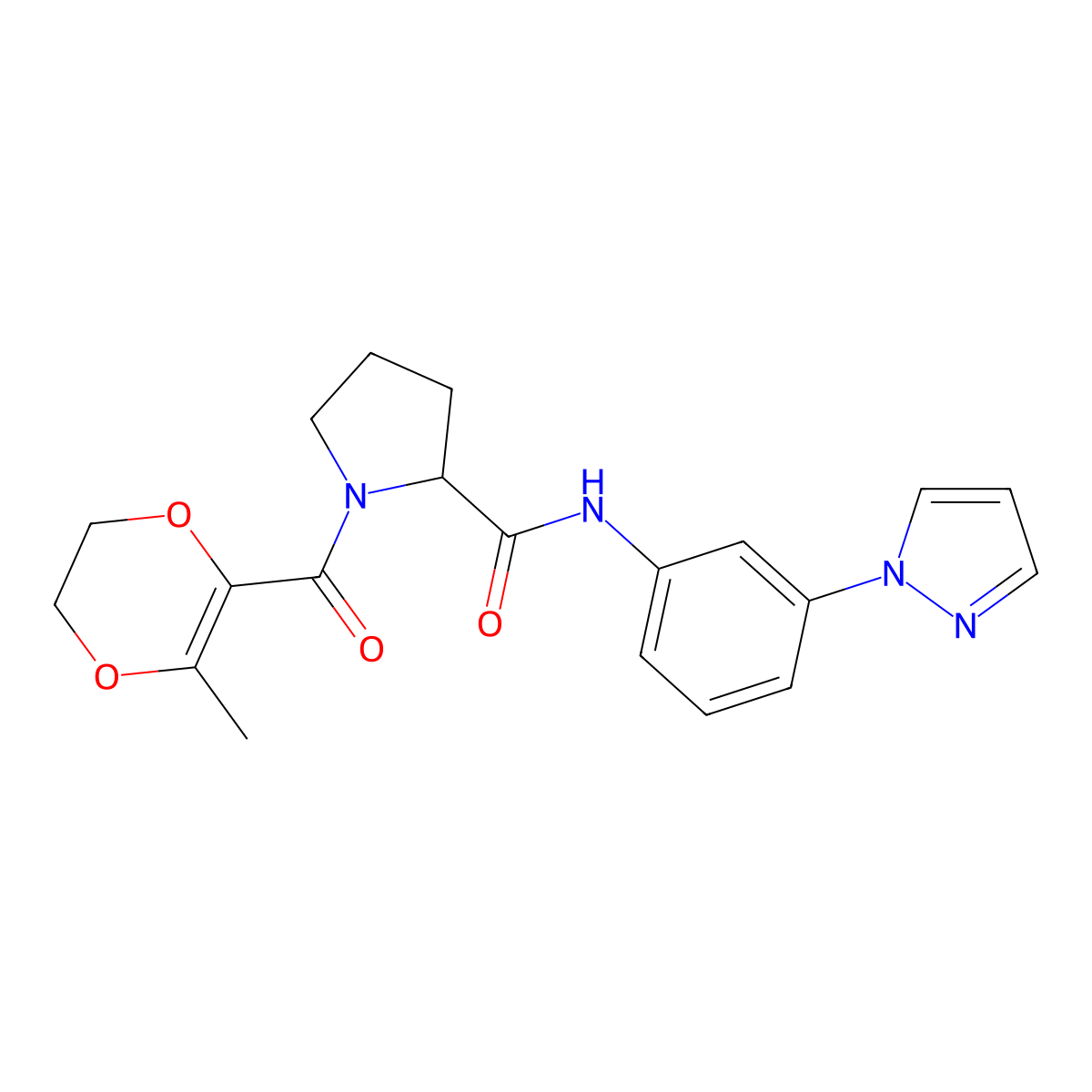 1-(6-Methyl-2,3-dihydro-1,4-dioxine-5-carbonyl)-N-(3-pyrazol-1-ylphenyl)pyrrolidine-2-carboxamide molecular structure, CAS 1236261-15-6