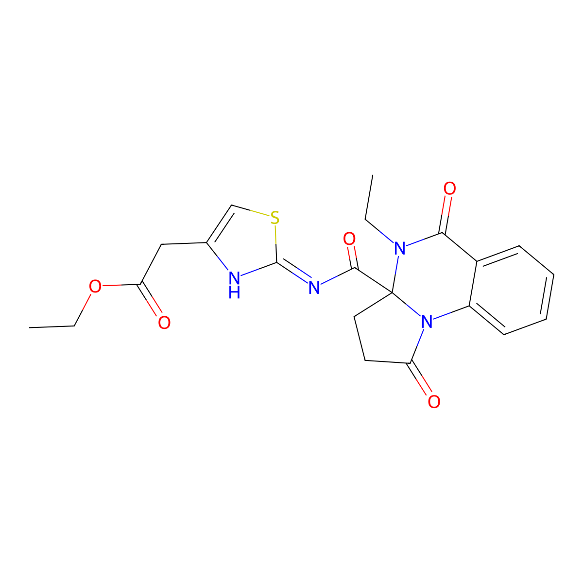 Ethyl 2-(2-(4-ethyl-1,5-dioxo-1,2,3,3a,4,5-hexahydropyrrolo[1,2-a]quinazoline-3a-carboxamido)thiazol-4-yl)acetate molecular structure, CAS 1236263-05-0