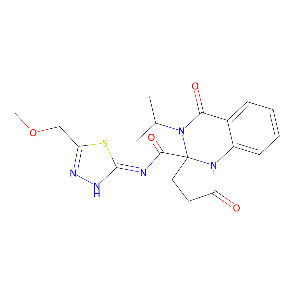 N-[(2Z)-5-(methoxymethyl)-1,3,4-thiadiazol-2(3H)-ylidene]-1,5-dioxo-4-(propan-2-yl)-2,3,4,5-tetrahydropyrrolo[1,2-a]quinazoline-3a(1H)-carboxamide molecular structure, CAS 1236263-10-7