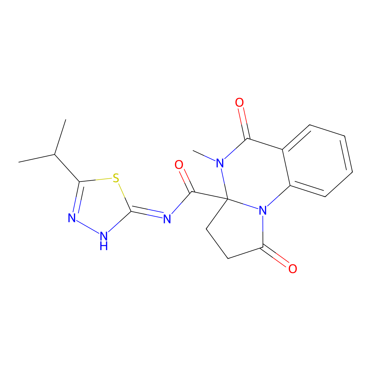 4-methyl-1,5-dioxo-N-[(2Z)-5-(propan-2-yl)-1,3,4-thiadiazol-2(3H)-ylidene]-2,3,4,5-tetrahydropyrrolo[1,2-a]quinazoline-3a(1H)-carboxamide molecular structure, CAS 1236267-32-5