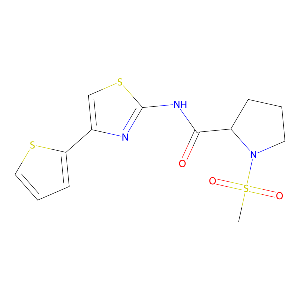 1-(methylsulfonyl)-N-(4-(thiophen-2-yl)thiazol-2-yl)pyrrolidine-2-carboxamide molecular structure, CAS 1236269-19-4