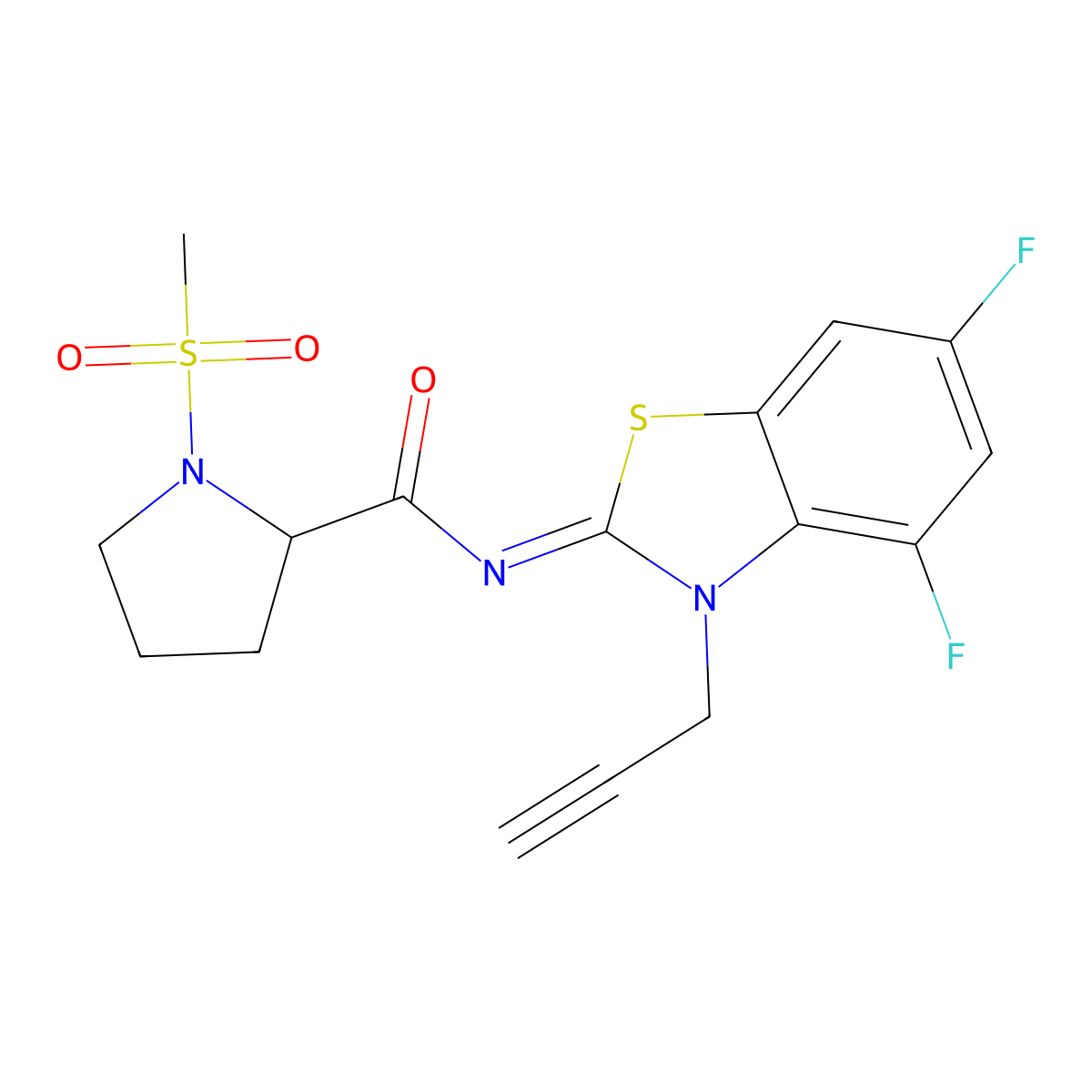 (E)-N-(4,6-difluoro-3-(prop-2-yn-1-yl)benzo[d]thiazol-2(3H)-ylidene)-1-(methylsulfonyl)pyrrolidine-2-carboxamide molecular structure, CAS 1236295-19-4