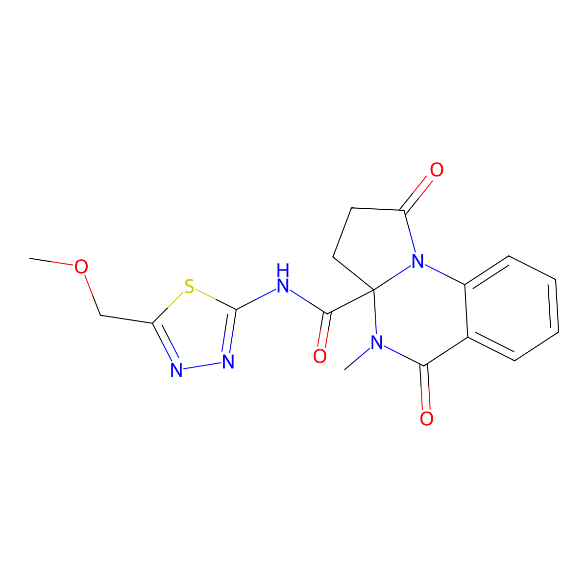 N-[(2Z)-5-(methoxymethyl)-1,3,4-thiadiazol-2(3H)-ylidene]-4-methyl-1,5-dioxo-2,3,4,5-tetrahydropyrrolo[1,2-a]quinazoline-3a(1H)-carboxamide molecular structure, CAS 1236295-48-9