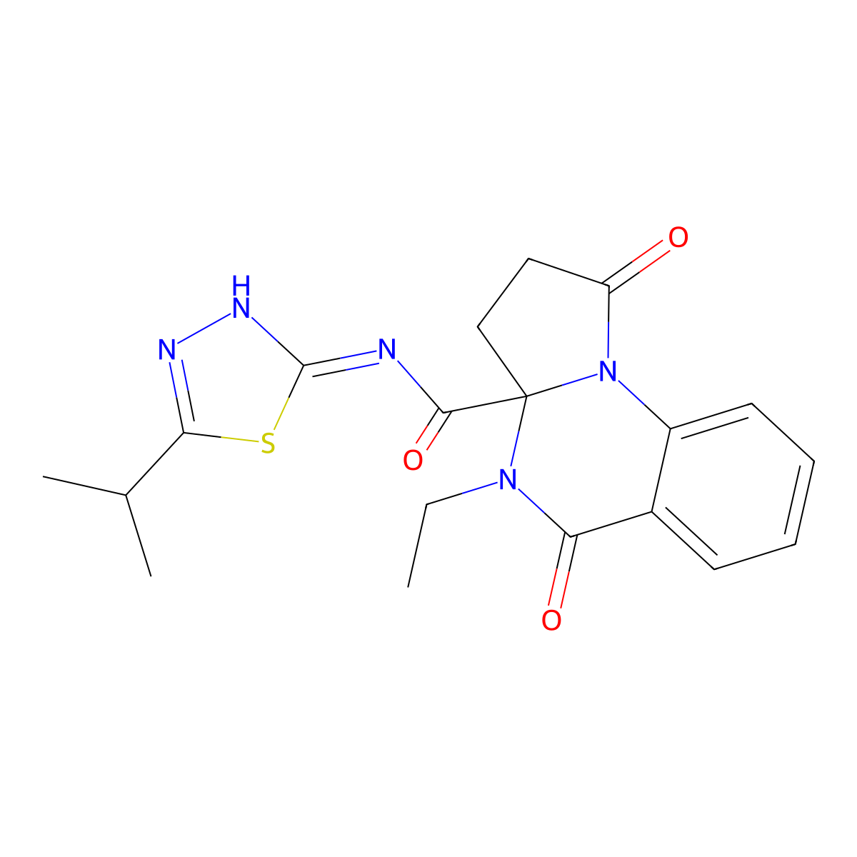4-ethyl-1,5-dioxo-N-[(2Z)-5-(propan-2-yl)-1,3,4-thiadiazol-2(3H)-ylidene]-2,3,4,5-tetrahydropyrrolo[1,2-a]quinazoline-3a(1H)-carboxamide molecular structure, CAS 1236295-81-0