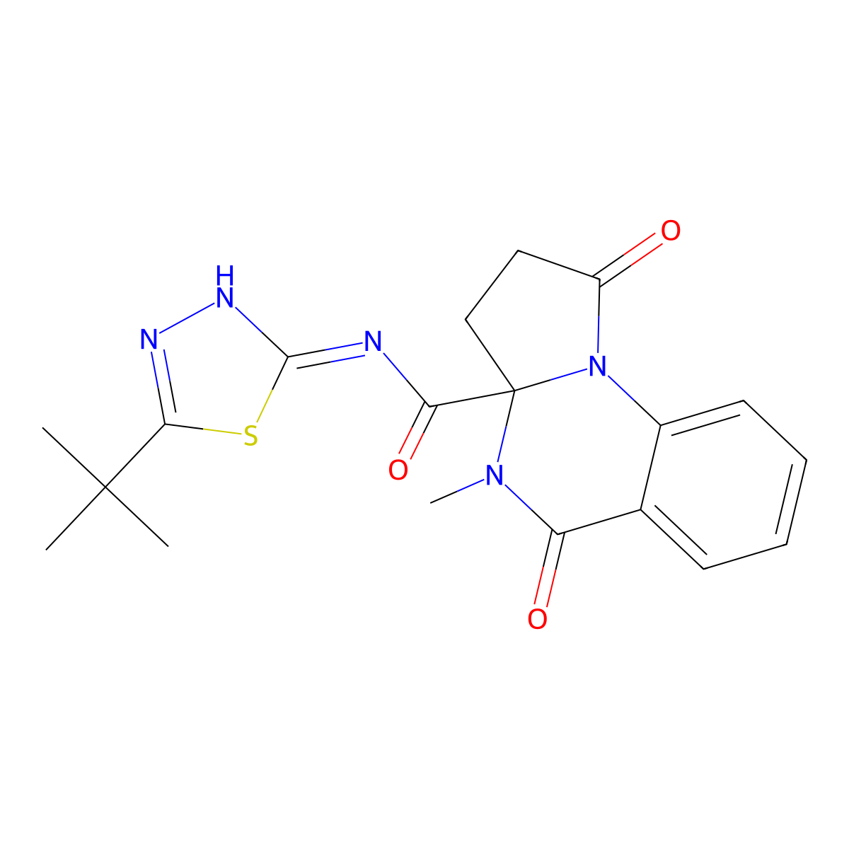 N-[(2Z)-5-tert-butyl-1,3,4-thiadiazol-2(3H)-ylidene]-4-methyl-1,5-dioxo-2,3,4,5-tetrahydropyrrolo[1,2-a]quinazoline-3a(1H)-carboxamide molecular structure, CAS 1236297-08-7