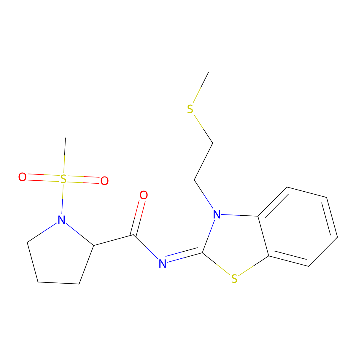 (E)-1-(methylsulfonyl)-N-(3-(2-(methylthio)ethyl)benzo[d]thiazol-2(3H)-ylidene)pyrrolidine-2-carboxamide molecular structure, CAS 1236297-28-1