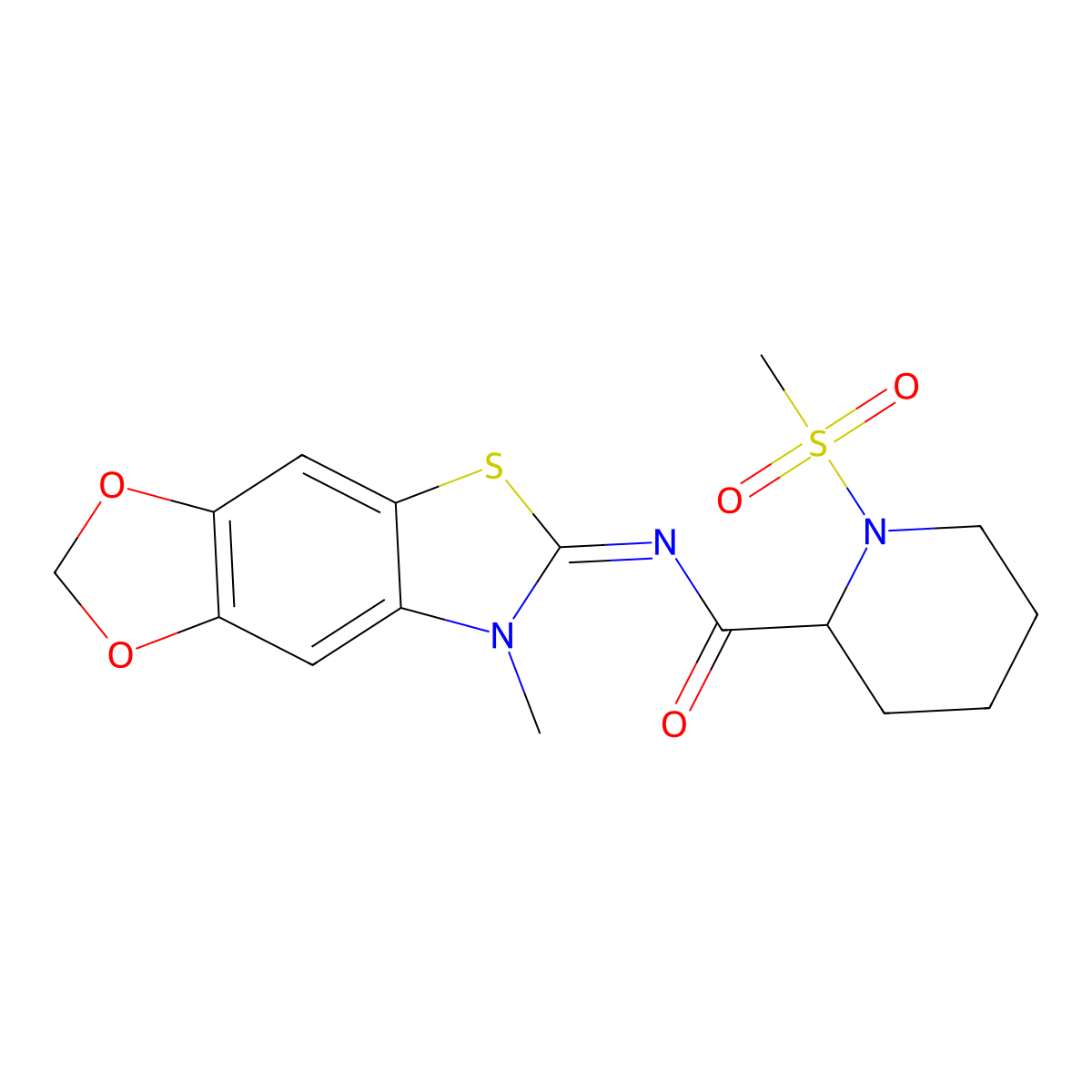 (E)-N-(7-methyl-[1,3]dioxolo[4',5':4,5]benzo[1,2-d]thiazol-6(7H)-ylidene)-1-(methylsulfonyl)piperidine-2-carboxamide molecular structure, CAS 1236297-43-0