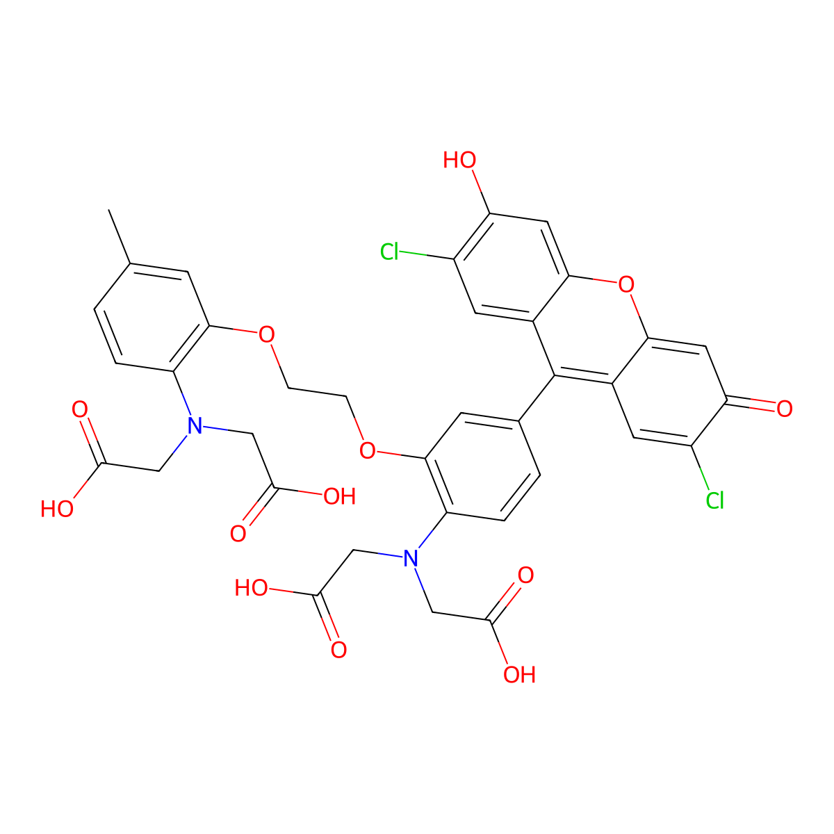 N-(2-(2-(2-(Bis(carboxymethyl)amino)-5-(2,7-dichloro-6-hydroxy-3-oxo-3H-xanthen-9-yl)phenoxy)ethoxy)-4-methylphenyl)-N-(carboxymethyl)glycine molecular structure, CAS 123632-39-3