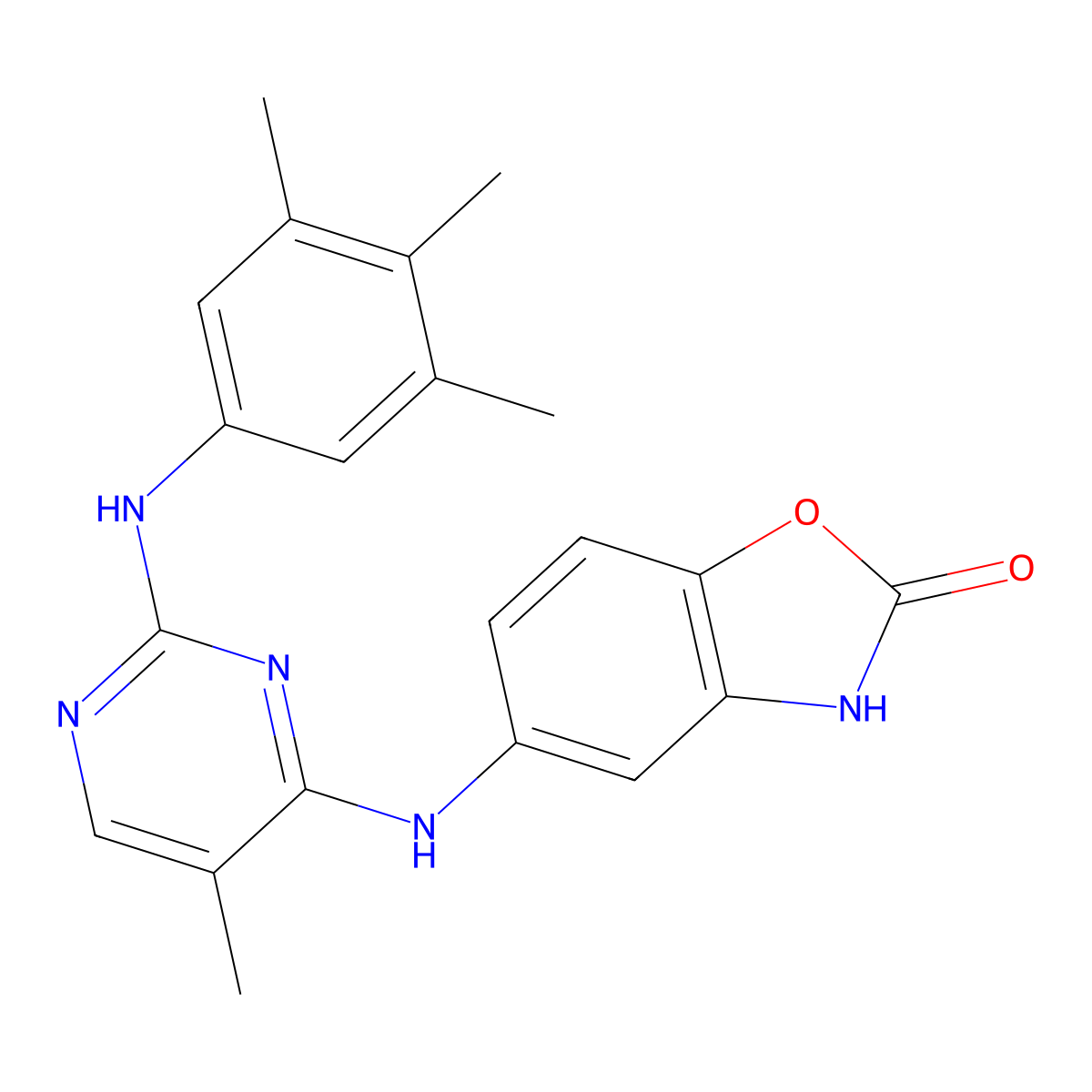 2(3H)-Benzoxazolone, 5-[[5-methyl-2-[(3,4,5-trimethylphenyl)amino]-4-pyrimidinyl]amino]- molecular structure, CAS 1236666-76-4