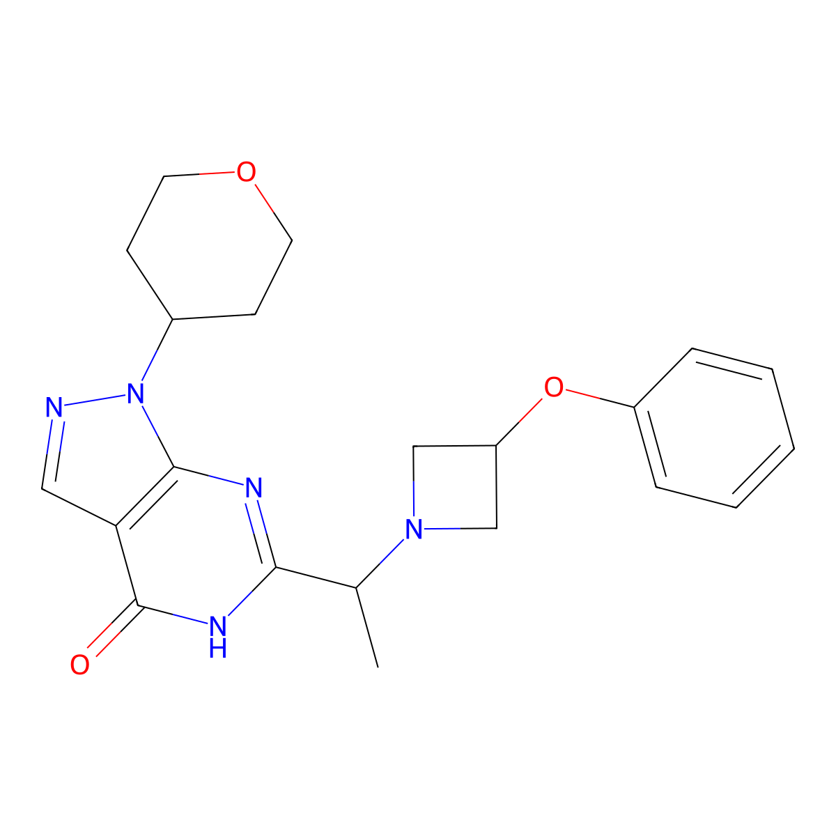 1,5-Dihydro-6-[(1R)-1-(3-phenoxy-1-azetidinyl)ethyl]-1-(tetrahydro-2H-pyran-4-yl)-4H-pyrazolo[3,4-d]pyrimidin-4-one molecular structure, CAS 1236858-52-8