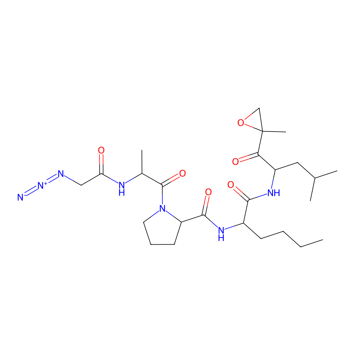 (2S)-1-[(2S)-2-[(2-azidoacetyl)amino]propanoyl]-N-[(2S)-1-[[(2S)-4-methyl-1-[(2R)-2-methyloxiran-2-yl]-1-oxopentan-2-yl]amino]-1-oxohexan-2-yl]pyrrolidine-2-carboxamide molecular structure, CAS 1237540-68-9