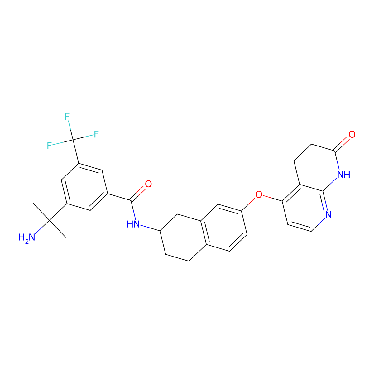 Benzamide,3-(1-amino-1-methylethyl)-N-[(2R)-1,2,3,4-tetrahydro-7-[(5,6,7,8-tetrahydro-7-oxo-1,8-naphthyridin-4-yl)oxy]-2-naphthalenyl]-5-(trifluoromethyl)- molecular structure, CAS 1237586-97-8