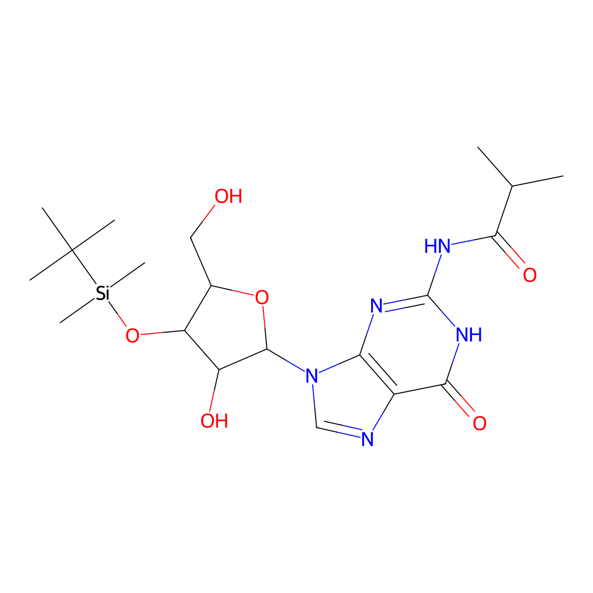 N-(9-((2R,3R,4S,5R)-4-((tert-Butyldimethylsilyl)oxy)-3-hydroxy-5-(hydroxymethyl)tetrahydrofuran-2-yl)-6-oxo-6,9-dihydro-3H-purin-2-yl)isobutyramide molecular structure, CAS 1237684-87-5