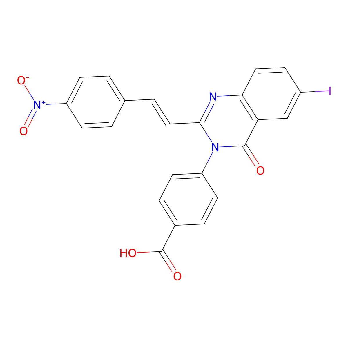 Benzoic acid, 4-[6-iodo-2-[(1E)-2-(4-nitrophenyl)ethenyl]-4-oxo-3(4H)-quinazolinyl]- molecular structure, CAS 1237744-39-6