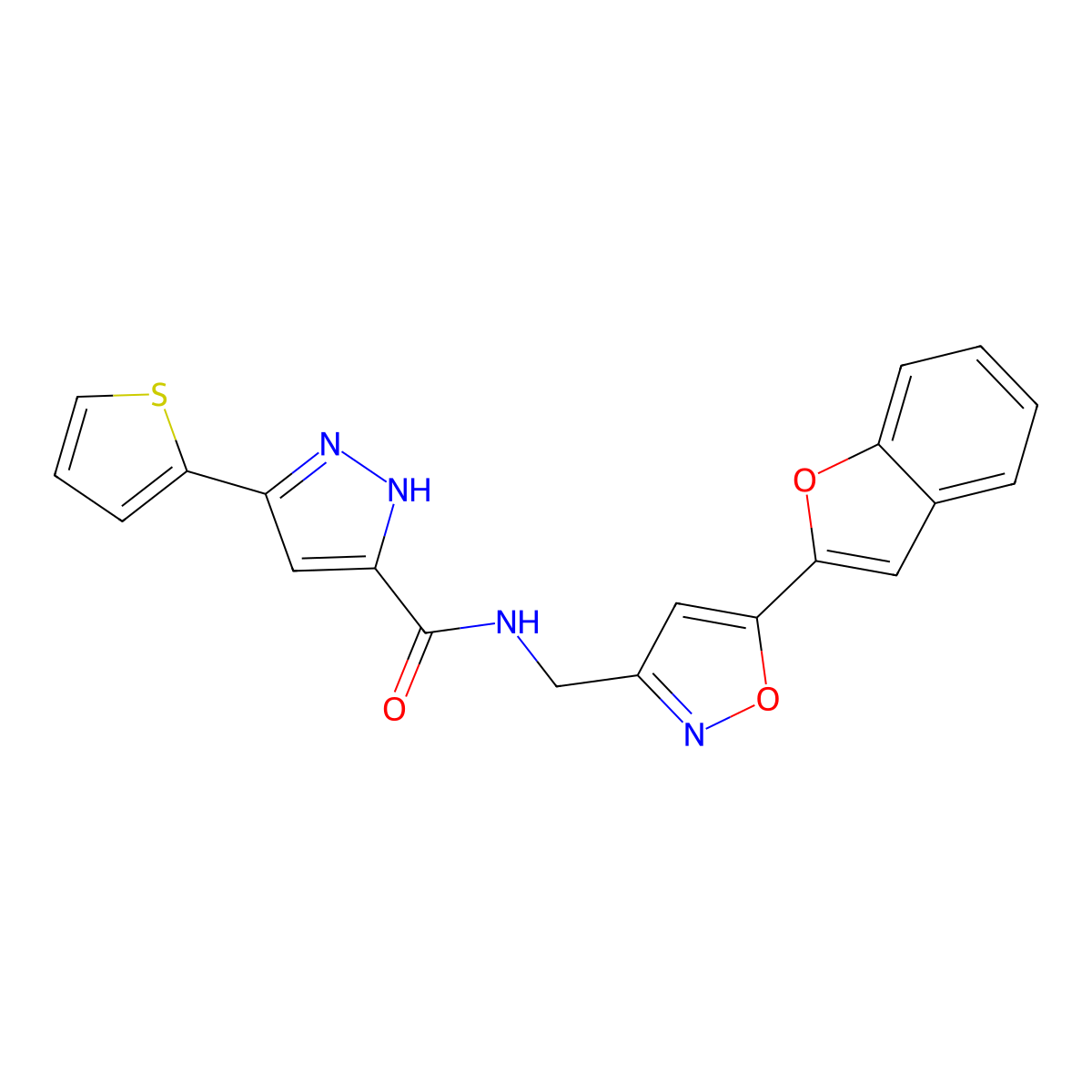 N-((5-(benzofuran-2-yl)isoxazol-3-yl)methyl)-3-(thiophen-2-yl)-1H-pyrazole-5-carboxamide molecular structure, CAS 1237756-15-8