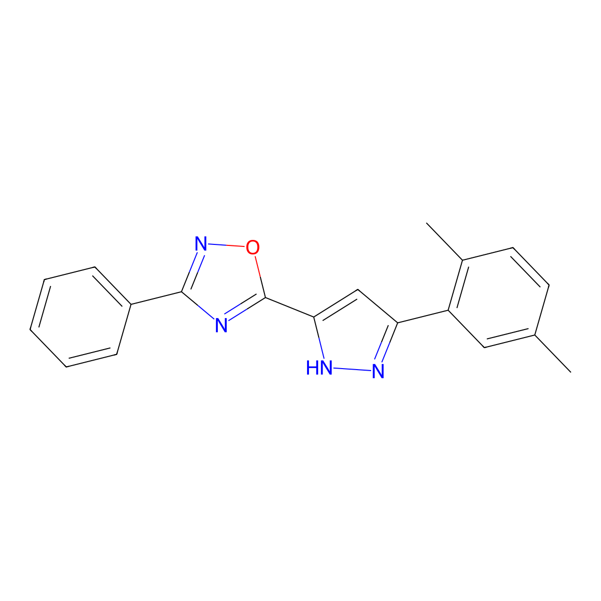 5-[3-(2,5-dimethylphenyl)-1H-pyrazol-5-yl]-3-phenyl-1,2,4-oxadiazole molecular structure, CAS 1237761-00-0