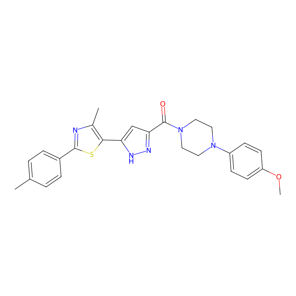 (4-(4-methoxyphenyl)piperazin-1-yl)(3-(4-methyl-2-(p-tolyl)thiazol-5-yl)-1H-pyrazol-5-yl)methanone molecular structure, CAS 1238342-89-6