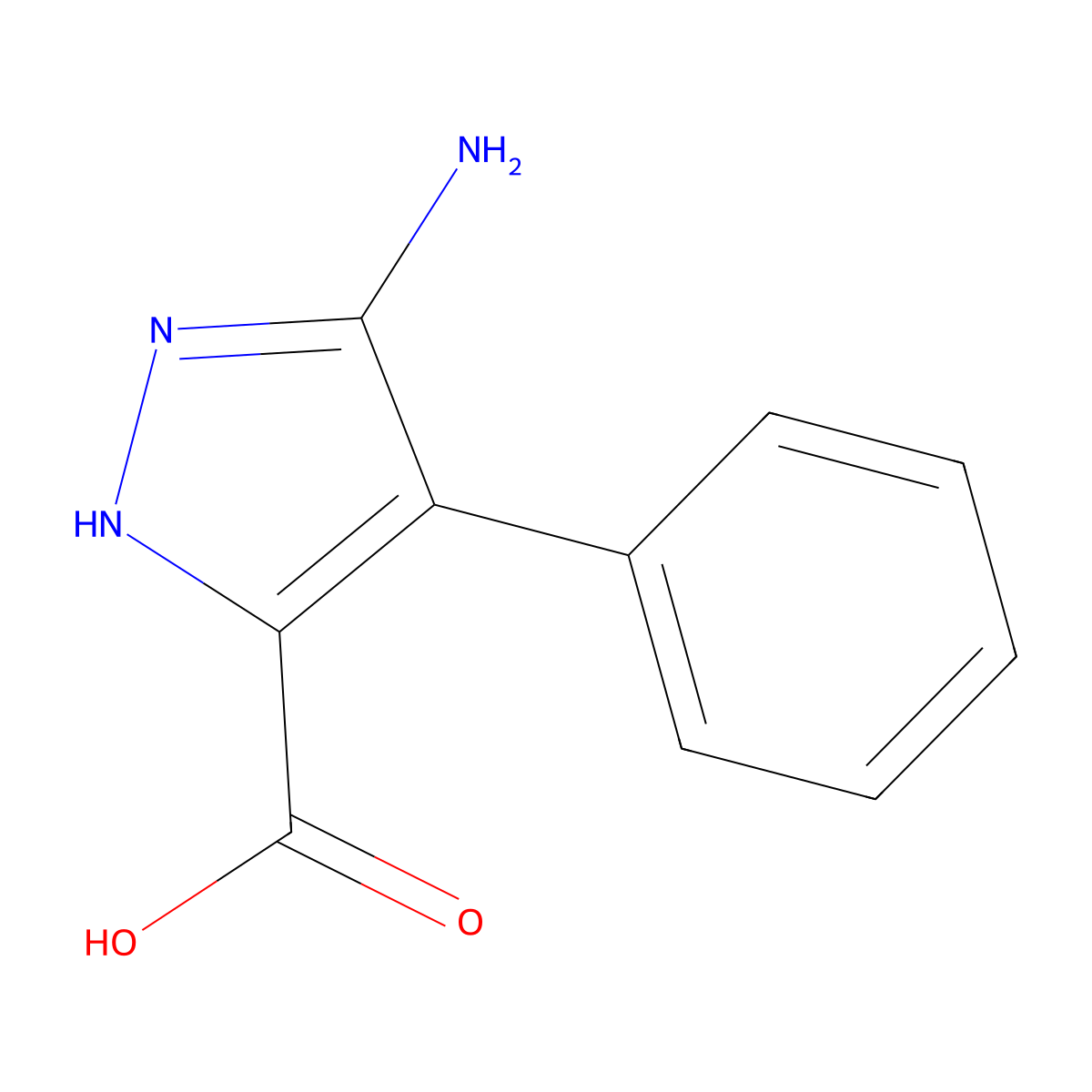 3-amino-4-phenyl-1H-pyrazole-5-carboxylic acid molecular structure, CAS 1238343-38-8