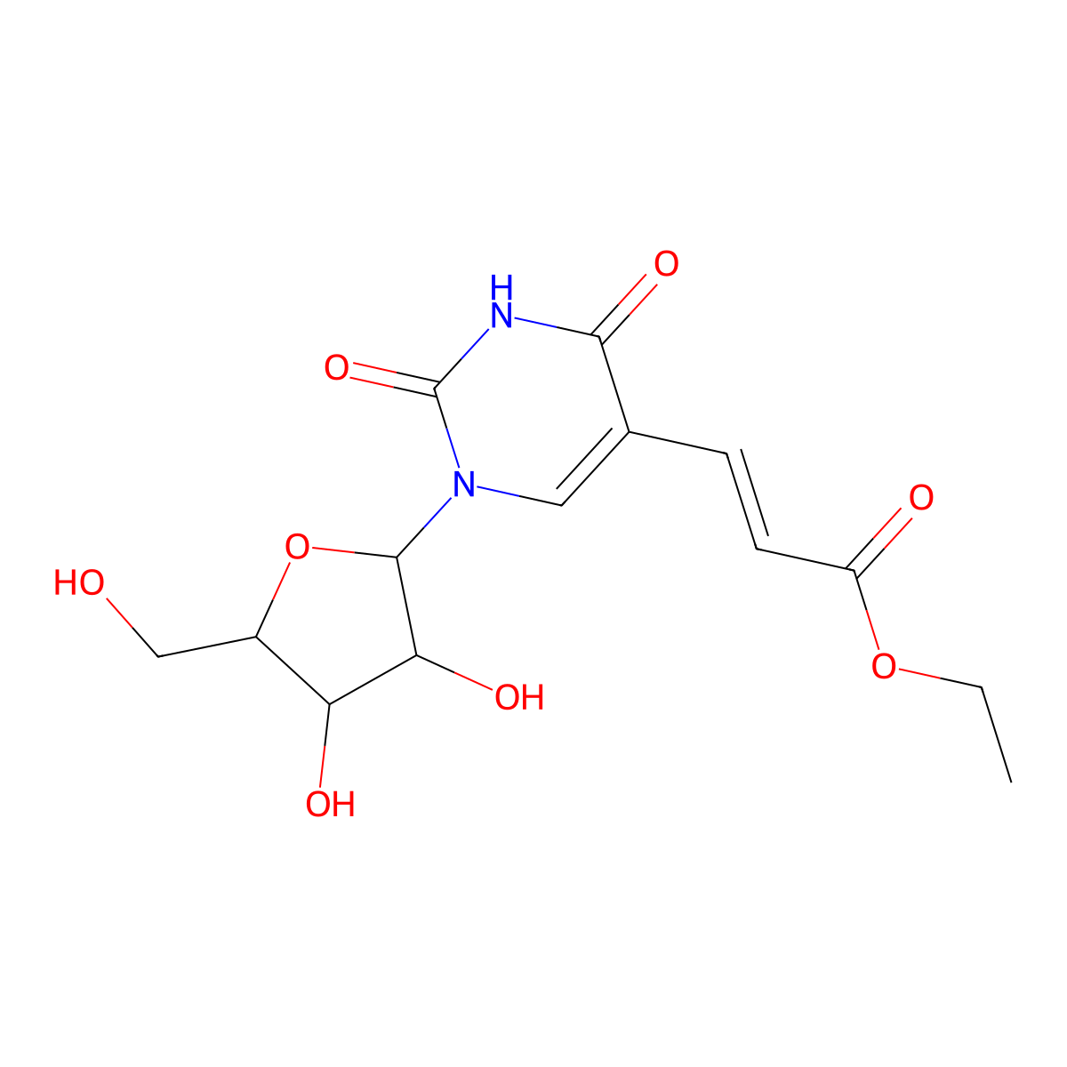 (E)-Ethyl 3-(1-((2R,3R,4S,5R)-3,4-dihydroxy-5-(hydroxymethyl)tetrahydrofuran-2-yl)-2,4-dioxo-1,2,3,4-tetrahydropyrimidin-5-yl)acrylate molecular structure, CAS 123881-85-6