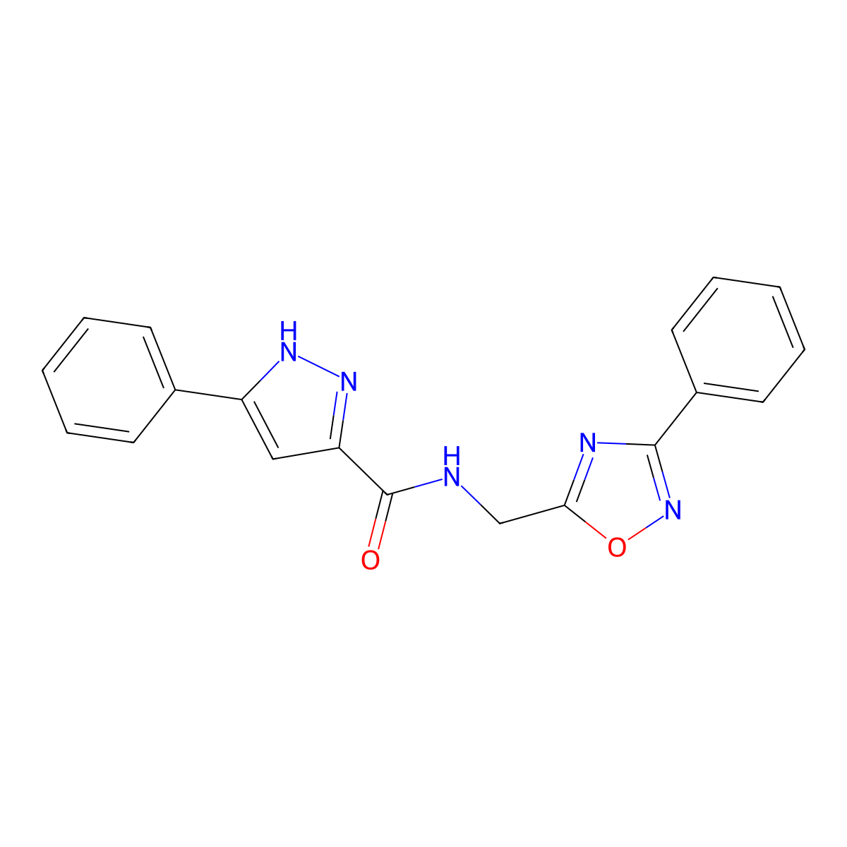 5-phenyl-N-((3-phenyl-1,2,4-oxadiazol-5-yl)methyl)-1H-pyrazole-3-carboxamide molecular structure, CAS 1238857-55-0