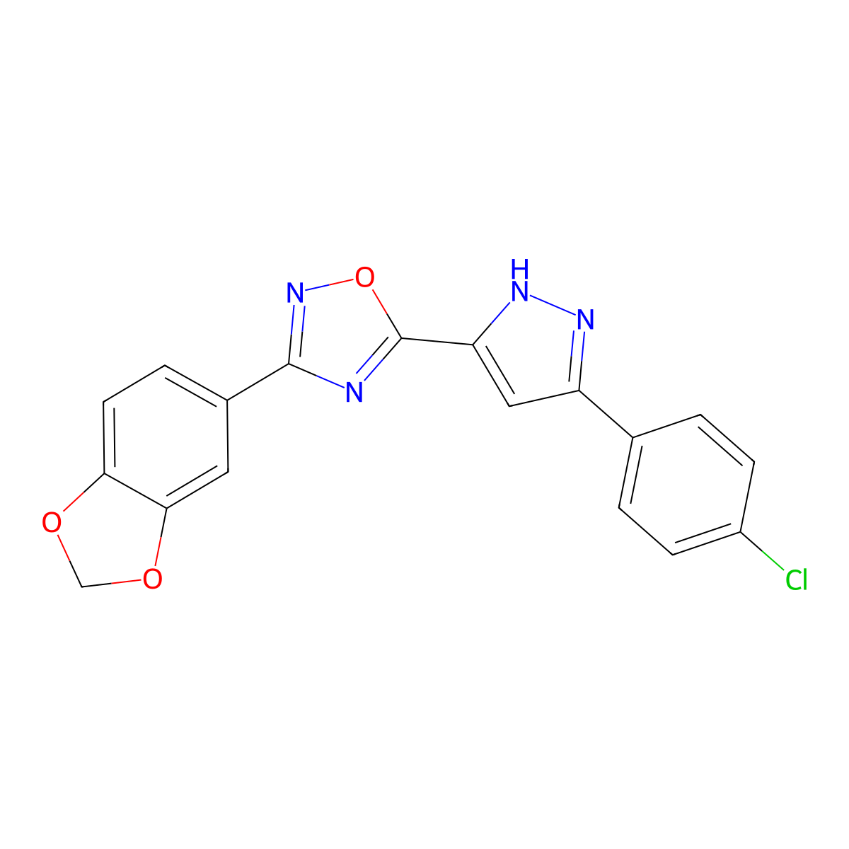 3-(1,3-benzodioxol-5-yl)-5-[3-(4-chlorophenyl)-1H-pyrazol-5-yl]-1,2,4-oxadiazole molecular structure, CAS 1238861-50-1