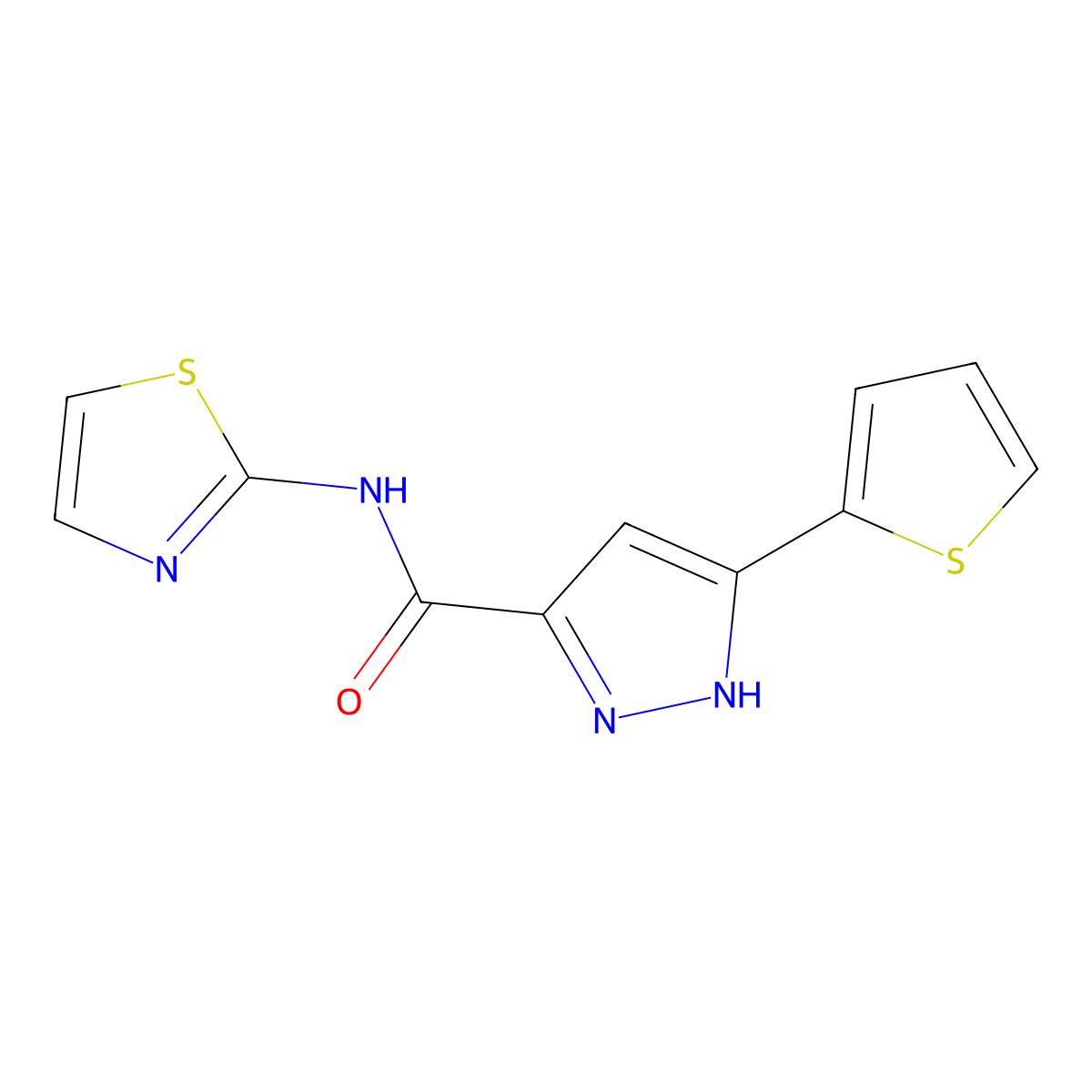 N-(thiazol-2-yl)-5-(thiophen-2-yl)-1H-pyrazole-3-carboxamide molecular structure, CAS 1238868-77-3