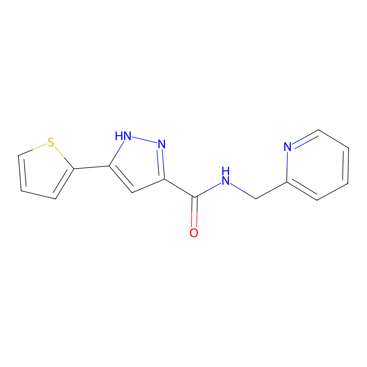 N-(pyridin-2-ylmethyl)-5-(thiophen-2-yl)-1H-pyrazole-3-carboxamide molecular structure, CAS 1238874-59-3